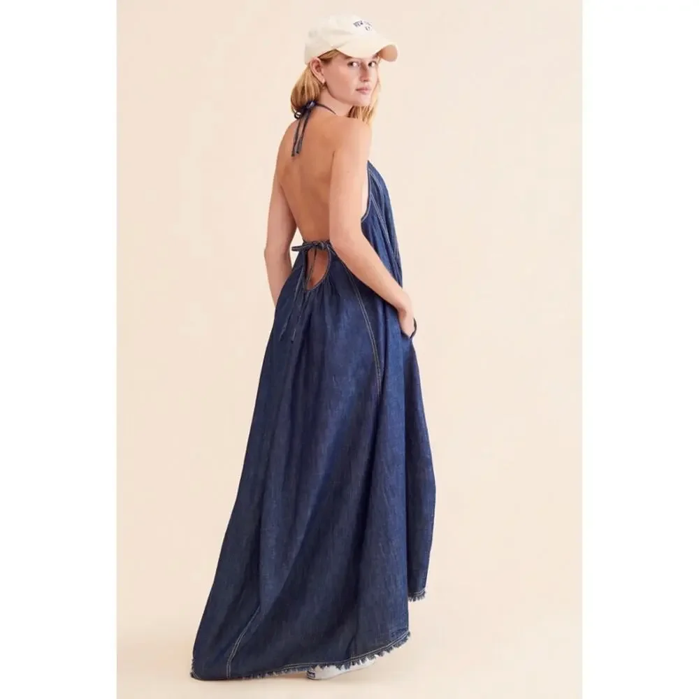 Free People Denim Dreams Midi Dress in 70s Blue Size XS Jean Jumper Retro NWT